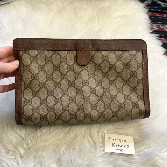 Gucci Vintage Clutch Brown Web Bag Logo Monogram Interlocking GG Stripe - Picture 6 of 16